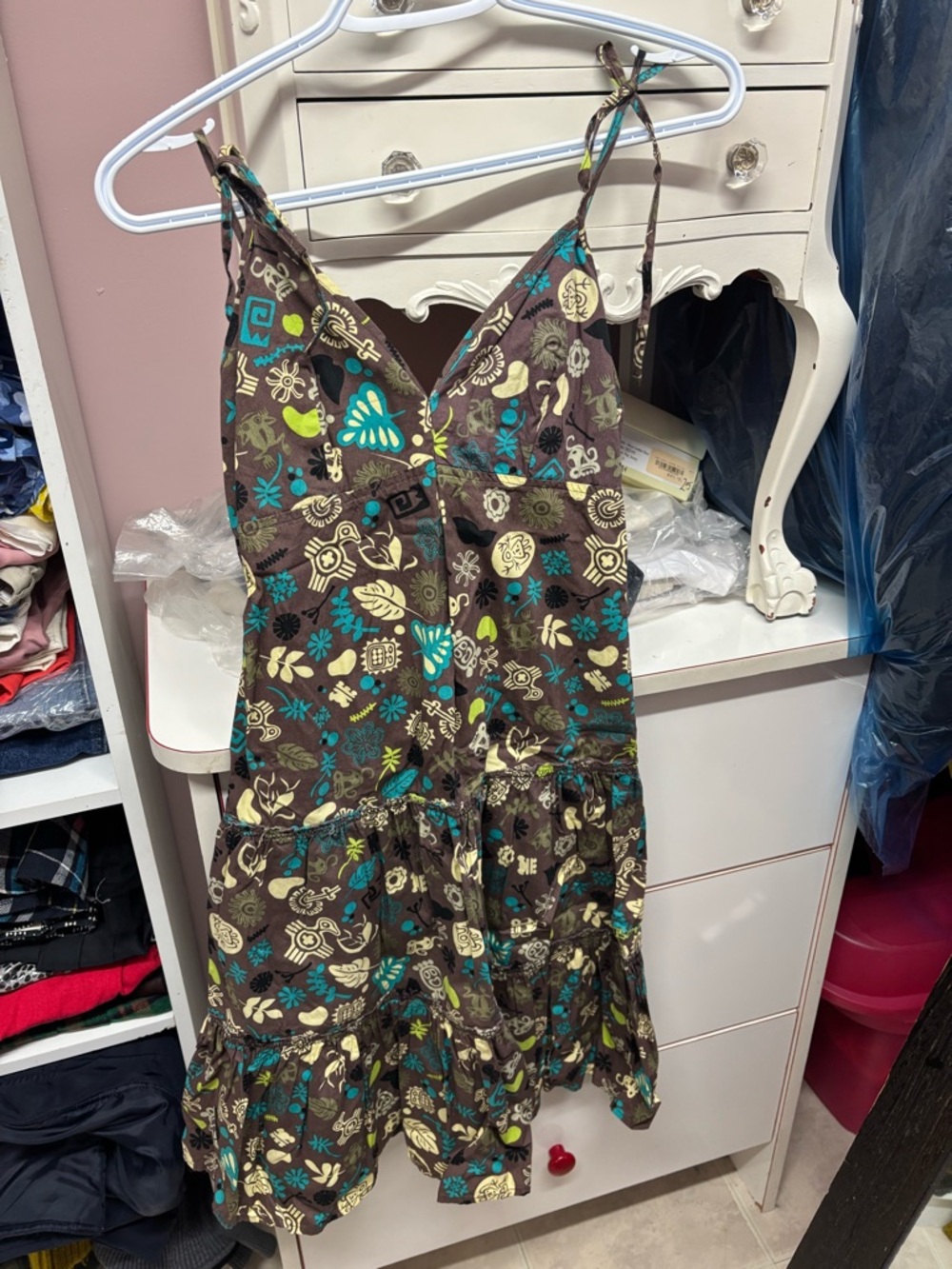 Brown Floral Tiered Mini Dress with Teal Accents